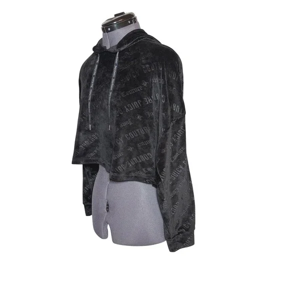 Vtg Y2K Juicy Couture Black Velour Logo Cropped Hoodie size M - Picture 9 of 12